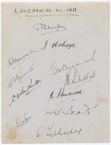 Lancashire and Kent 1933. Large album page nicely signed to one side in ink by eleven members of the Lancashire team, and to the verso in ink and pencil by twelve Kent players. Lancashire signatures are Eckersley (Captain), Hopwood, Holroyd, Paynter, Duck