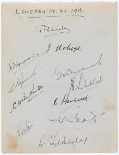 Lancashire and Kent 1933. Large album page nicely signed to one side in ink by eleven members of the Lancashire team, and to the verso in ink and pencil by twelve Kent players. Lancashire signatures are Eckersley (Captain), Hopwood, Holroyd, Paynter, Duck
