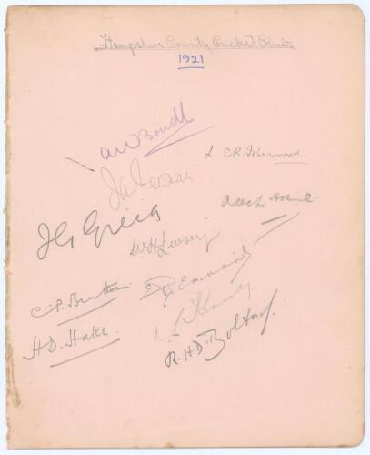 Hampshire C.C.C. 1921. Large album page signed in pencil by eleven members of the Hampshire team. Signatures are Bowell, Isherwood, Newman, Hosie, Greig, Livsey, Brutton, Remnant, Hake, Kennedy and the rarer signature of Bertie Bolton (7 matches 1913-1922