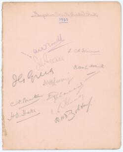 Hampshire C.C.C. 1921. Large album page signed in pencil by eleven members of the Hampshire team. Signatures are Bowell, Isherwood, Newman, Hosie, Greig, Livsey, Brutton, Remnant, Hake, Kennedy and the rarer signature of Bertie Bolton (7 matches 1913-1922
