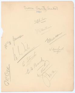 Sussex C.C.C. 1921. Large album page signed in pencil by eleven members of the Sussex team. Signatures are Wilson (Captain), Mathews, Tate, Street, Cornford, Cox, Bowley, Stannard, Mercer and the rarer F.D. Jenner and W.J. Malden. Very good condition.