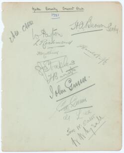 Nottinghamshire C.C.C. 1921. Large album page signed in pencil by twelve members of the Nottinghamshire team and the Secretary, H.A. Brown. Players&rsquo; signatures are Carr (Captain), Payton, Richmond, Hardstaff, Matthews, Staples, Barratt, J. Gunn, G. Gunn, 