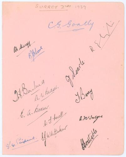 &lsquo;Surrey 2nds 1939&rsquo;. Large album page nicely signed in different coloured inks by thirteen members of the Surrey 2nd XI team, a good number of whom went on to play first-class and international cricket. Fourteen signatures in total including A.C. Shirreff,
