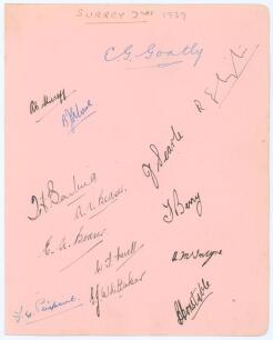 &lsquo;Surrey 2nds 1939&rsquo;. Large album page nicely signed in different coloured inks by thirteen members of the Surrey 2nd XI team, a good number of whom went on to play first-class and international cricket. Fourteen signatures in total including A.C. Shirreff,