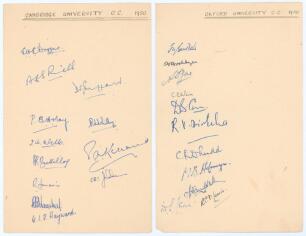 Cambridge and Oxford Universities 1950. Two album pages, one signed in ink by twelve of the Cambridge University team of 1950, the other by eleven of Oxford University, a good number of whom went on to play County and international cricket. Signatures inc