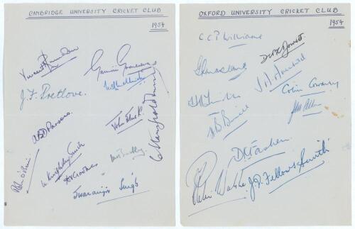 Cambridge and Oxford Universities 1954. Two pages, one signed in ink by twelve of the Cambridge University team of 1954, the other by eleven of Oxford University, a good number of whom went on to play County and international cricket. Signatures include G