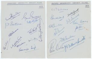 Cambridge and Oxford Universities 1954. Two pages, one signed in ink by twelve of the Cambridge University team of 1954, the other by eleven of Oxford University, a good number of whom went on to play County and international cricket. Signatures include G