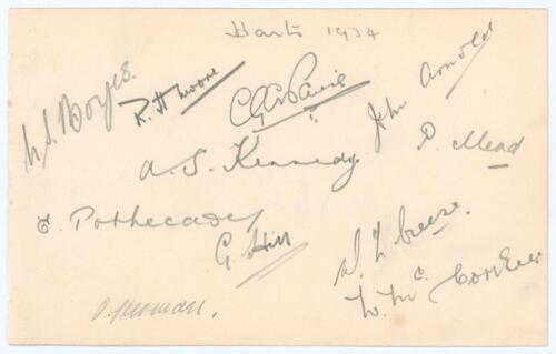 Hampshire C.C.C. 1934. Album page very nicely signed in pencil by eleven members of the 1934 Hampshire team. Signatures are Boyes, Moore, Paris, Arnold, Kennedy, Mead, Pothecary, Hill, Creese, Herman and McCorkell. Very good condition.