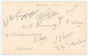 Hampshire C.C.C. 1934. Album page very nicely signed in pencil by eleven members of the 1934 Hampshire team. Signatures are Boyes, Moore, Paris, Arnold, Kennedy, Mead, Pothecary, Hill, Creese, Herman and McCorkell. Very good condition.