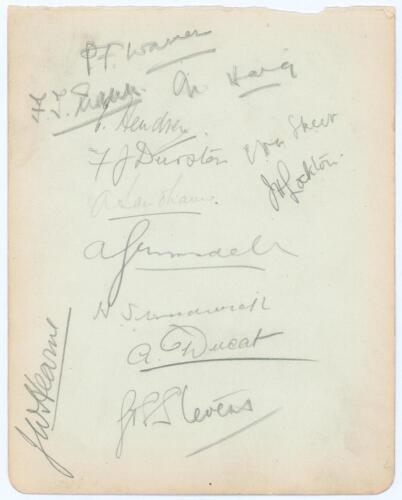 Middlesex and Surrey 1920. Album page signed in pencil by thirteen Middlesex and Surrey players. Signatures are Warner, Mann, Haig, Hendren, Durston, Skeet, Stevens and Hearne of Middlesex, Sandham, Lockton, Strudwick, Ducat of Surrey and one other uniden