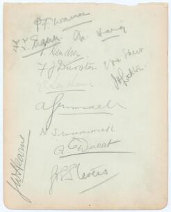 Middlesex and Surrey 1920. Album page signed in pencil by thirteen Middlesex and Surrey players. Signatures are Warner, Mann, Haig, Hendren, Durston, Skeet, Stevens and Hearne of Middlesex, Sandham, Lockton, Strudwick, Ducat of Surrey and one other uniden