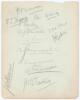 Middlesex and Surrey 1920. Album page signed in pencil by thirteen Middlesex and Surrey players. Signatures are Warner, Mann, Haig, Hendren, Durston, Skeet, Stevens and Hearne of Middlesex, Sandham, Lockton, Strudwick, Ducat of Surrey and one other uniden