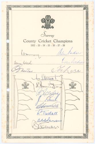 &lsquo;Surrey County Cricket Champions 1952-1958&rsquo;. Official autograph sheet signed by sixteen members of the Surrey team of 1958. Signatures are May, A. Bedser, Clark, E. Bedser, Fletcher, Lock, Stewart, Barrington, Loader, Edrich, Constable, Tindall, Parsons a