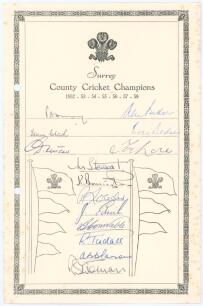 &lsquo;Surrey County Cricket Champions 1952-1958&rsquo;. Official autograph sheet signed by sixteen members of the Surrey team of 1958. Signatures are May, A. Bedser, Clark, E. Bedser, Fletcher, Lock, Stewart, Barrington, Loader, Edrich, Constable, Tindall, Parsons a