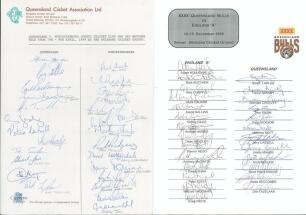 Queensland teams against English teams 1989 & 1996. Two official autograph sheets, one for the one-day match series, Queensland v Worcestershire played at Brisbane 7th- 9th April 1989. Signed by twelve Queensland players including Border, Barsby, Healy, L