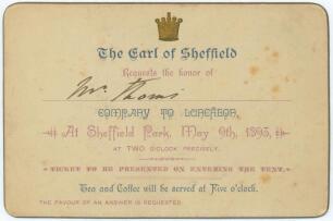 Robert Arthur Thoms, Umpire. &lsquo;Earl of Sheffield&rsquo;s XI v Australians 1893&rsquo;. Rare original invitation card, &lsquo;The Earl of Sheffield requests the Honor of Mr Thoms company to Luncheon at Sheffield Park, May 9th 1893 at two o&rsquo;clock precisely. Ticket to be prese