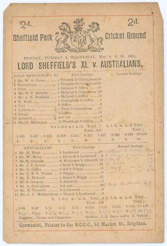 Australia tour to England 1893. &lsquo;Lord Sheffield&rsquo;s XI. v. Australians&rsquo;. Early original single sided scorecard with printed and handwritten scores in pencil for the match played at Sheffield Park, Uckfield, 8th- 10th May 1893. In the opening match of the 18
