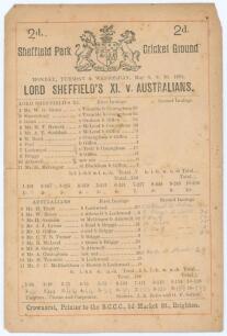 Australia tour to England 1893. &lsquo;Lord Sheffield&rsquo;s XI. v. Australians&rsquo;. Early original single sided scorecard with printed and handwritten scores in pencil for the match played at Sheffield Park, Uckfield, 8th- 10th May 1893. In the opening match of the 18