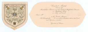 &lsquo;Earl of Sheffield&rsquo;s XI v Australian Eleven 1896&rsquo;. Two rare original shield shaped folding invitation card, &lsquo;Cricket Match between the Australian Eleven and The Earl of Sheffield&rsquo;s Eleven in Sheffield Park on May 12th & 13th. Admit ....... to the Private 
