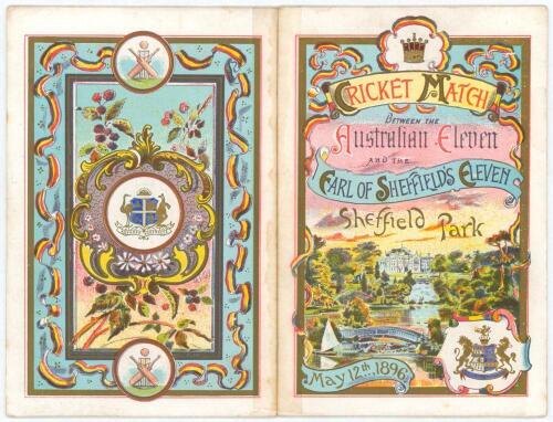 Australian tour of England 1896. Earl of Sheffield&rsquo;s XI v Australians 1896. Excellent original folding menu card for the Luncheon given by Lord Sheffield on the 12th May 1896 during the match played at Sheffield Park, Uckfield from the 11th-13th May 1896.