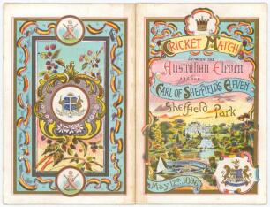 Australian tour of England 1896. Earl of Sheffield&rsquo;s XI v Australians 1896. Excellent original folding menu card for the Luncheon given by Lord Sheffield on the 12th May 1896 during the match played at Sheffield Park, Uckfield from the 11th-13th May 1896.