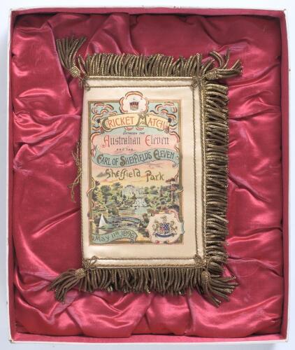 &lsquo;Cricket Match between the Australian Eleven and the Earl of Sheffield&rsquo;s Eleven 1896&rsquo;. A sumptuous silk luncheon menu produced for the visit of the Prince of Wales to the match played at Sheffield Park, Uckfield on the 11th to 13th May 1896. The exquisite