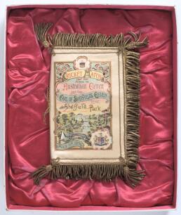 &lsquo;Cricket Match between the Australian Eleven and the Earl of Sheffield&rsquo;s Eleven 1896&rsquo;. A sumptuous silk luncheon menu produced for the visit of the Prince of Wales to the match played at Sheffield Park, Uckfield on the 11th to 13th May 1896. The exquisite