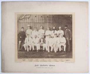 &lsquo;Lord Sheffield&rsquo;s Eleven at Sheffield Park, August 26 & 27, 1881&rsquo;. Early original sepia photograph of Lord Sheffield&rsquo;s team seated and standing in rows wearing cricket attire for the match v A. Shaw&rsquo;s XI, 26th- 27th August 1881. Players featured include E