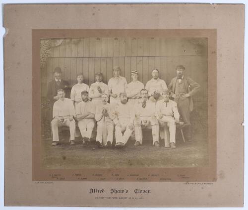 &lsquo;Alfred Shaw&rsquo;s Eleven 1881&rsquo;. Early original sepia photograph of Shaw&rsquo;s team, seated and standing in rows wearing cricket attire for the match who played Lord Sheffield&rsquo;s XI at Sheffield Park, Uckfield on the 25th-27th August 1881. Players include Shaw (Cp
