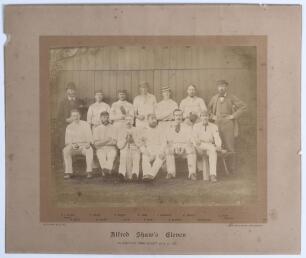 &lsquo;Alfred Shaw&rsquo;s Eleven 1881&rsquo;. Early original sepia photograph of Shaw&rsquo;s team, seated and standing in rows wearing cricket attire for the match who played Lord Sheffield&rsquo;s XI at Sheffield Park, Uckfield on the 25th-27th August 1881. Players include Shaw (Cp