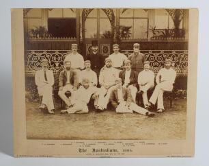 &lsquo;The Australians 1884&rsquo;. Original sepia photograph of the Australian team who played Lord Sheffield&rsquo;s Eleven at Sheffield Park, East Sussex on the 12-14th May 1884, standing and seated in rows wearing blazers, caps and cricket attire. The photograph laid d