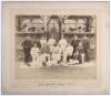 Lord Sheffield&rsquo;s Eleven 1886&rsquo;. Original sepia photograph of Lord Sheffield&rsquo;s team who played the Australian Eleven at Sheffield Park, East Sussex on the 13-15th May 1886, standing and seated, in rows wearing blazers, caps and cricket attire. The umpires a