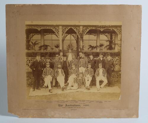 &lsquo;The Australians 1886&rsquo;. Original sepia photograph of the Australian team who played Lord Sheffield&rsquo;s Eleven at Sheffield Park, East Sussex on the 13-15th May 1886, standing and seated, in rows wearing blazers, caps and cricket attire.
