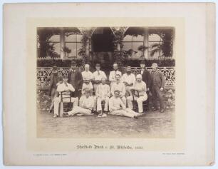 &lsquo;Sheffield Park v St. Wilfrids, 1886&rsquo;. Early original sepia photograph of the Sheffield Park team, seated and standing in rows, wearing cricket attire in front of the pavilion at Sheffield Park, Sussex who played St. Wilfrid&rsquo;s on the 25th August 1886. Pla