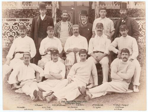 &lsquo;The Australians 1890&rsquo;. Original sepia photograph of the Australian team who played Lord Sheffield&rsquo;s Eleven at Sheffield Park, East Sussex on the 8th-10th May 1890, standing and seated, in rows wearing blazers, caps and cricket attire. The Australian Mana