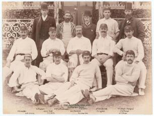&lsquo;The Australians 1890&rsquo;. Original sepia photograph of the Australian team who played Lord Sheffield&rsquo;s Eleven at Sheffield Park, East Sussex on the 8th-10th May 1890, standing and seated, in rows wearing blazers, caps and cricket attire. The Australian Mana