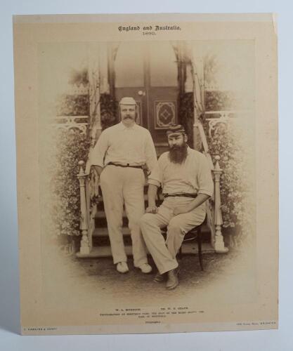 Lord Sheffield&rsquo;s XI v Australia 1890. Excellent original sepia photograph of the two Captains, W.G. Grace and W.L. Murdoch, posed on the steps of the pavilion during the match played at Sheffield Park on the 8th-10th May 1890. The photograph headed &lsquo;Engla