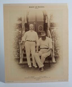 Lord Sheffield&rsquo;s XI v Australia 1890. Excellent original sepia photograph of the two Captains, W.G. Grace and W.L. Murdoch, posed on the steps of the pavilion during the match played at Sheffield Park on the 8th-10th May 1890. The photograph headed &lsquo;Engla