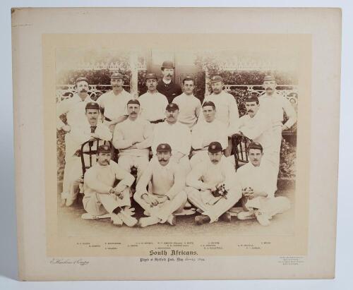 &lsquo;South Africans 1894&rsquo;. Original sepia photograph of South African team who played the Lord Sheffield&rsquo;s Eleven at Sheffield Park, East Sussex on the 22-23rd May 1894, standing and seated, in rows wearing caps and cricket attire. The manager W.V. Simkins al