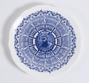 William Gilbert Grace. Original Coalport porcelain plate commemorating W.G. Grace&rsquo;s Century Of Centuries 1895, decorated in blue with central portrait of Grace and dates of each individual century and who scored against radiating out from the centre with 