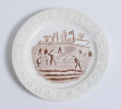 Alphabet cricket plate. 19th Century earthenware circular &lsquo;Alphabet&rsquo; child&rsquo;s plate with cricket scene to centre, transfer printed in brown within the letters of the alphabet to rim. 6.75&rdquo; diameter. &lsquo;Staffordshire, England&rsquo; stamped to verso. Good/very good