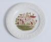 Alphabet cricket plate. 19th Century earthenware circular &lsquo;Alphabet&rsquo; child&rsquo;s plate with cricket scene to centre, transfer printed in various colours within the letters of the alphabet to rim. 7.5&rdquo; diameter. Very minor hairline to the back edge of the plat