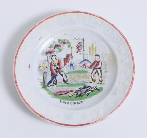Alphabet cricket plate. 19th Century earthenware circular &lsquo;Alphabet&rsquo; child&rsquo;s plate with cricket scene to centre, transfer printed in various colours within the letters of the alphabet to rim. Title &lsquo;Cricket&rsquo; to lower border. Approx 6&rdquo; diameter. &lsquo;J&G Meaki