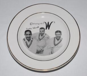 &lsquo;Celebrating the 3 W&rsquo;s&rsquo;. Dinner plate with transfer image of Frank Worrell, Cylde Walcott and Everton Weekes with facsimile signatures and title. Gold lustre to rim. Registration mark to underside, &lsquo;100&rsquo;. Maker unknown. 10&rdquo; diameter. Very good condition.