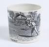 &lsquo;Cricket&rsquo;. Victorian Staffordshire child&rsquo;s cricket mug with strap handle, transfer printed in black with image of an early game with seven players, two umpires, tents and woodland to the background with title &lsquo;cricket&rsquo; below. 3&rdquo; tall. c1880. Good conditio - 2