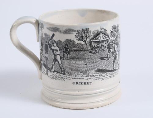 &lsquo;Cricket&rsquo; and &lsquo;Wild-duck shooting&rsquo;. Victorian Staffordshire cricket mug with strap handle, transfer printed in black with image of an early cricket scene with tent flying flag, spectators and woodland to the background with title &lsquo;cricket&rsquo; below and to th