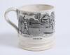 &lsquo;Cricket&rsquo; and &lsquo;Wild-duck shooting&rsquo;. Victorian Staffordshire cricket mug with strap handle, transfer printed in black with image of an early cricket scene with tent flying flag, spectators and woodland to the background with title &lsquo;cricket&rsquo; below and to th