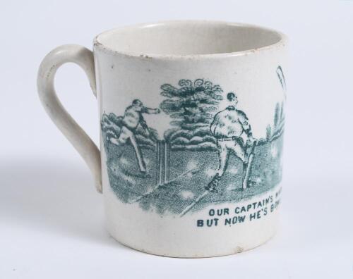 &lsquo;Our Captain&rsquo;s made a Century. But now he&rsquo;s bowled at last, you see&rsquo;. Victorian cricket mug with transfer printed image of the Captain being bowled with bowler, wicket-keeper and fielders. 3&rdquo; tall. Minor wear to rim and base otherwise in good condition. c