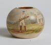 Cricket. Unusual Victorian stoneware circular match holder printed with attractive full length colour image of an early batsman standing at the wicket holding his bat, with tent and woods to background, crossed bat and stumps to verso. The match holder st