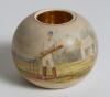 Cricket. Unusual Victorian stoneware circular match holder printed with attractive full length colour image of an early batsman standing at the wicket holding his bat, with tent and woods to background, crossed bat and stumps to verso. The match holder st - 2